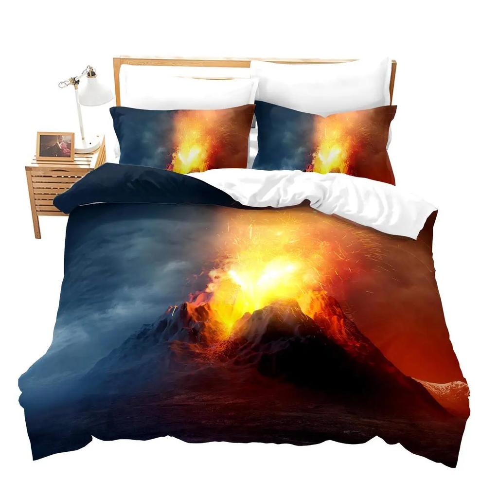 Volcano King Queen Duvet Cover Volcanic Eruption Bedding Set Fire Mountain Comforter Cover Natural Scenery Polyester Quilt Cover