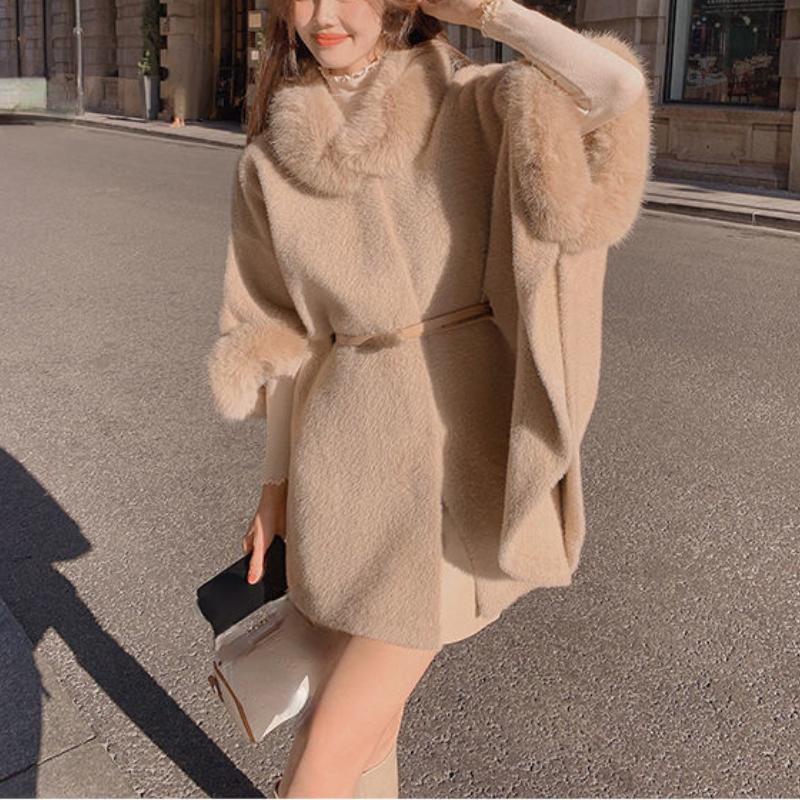 

Женское бархатное пальто из искусственного норки, новинка 2022 года, зимняя корейская свободная повседневная шерстяная верхняя одежда, женская шерстяная куртка с длинным меховым воротником из искусственного меха XL дубильная кора