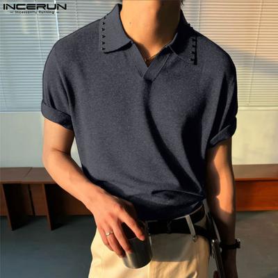 Men Casual Turn-down Collar Short Sleeve Solid Color T-shirts