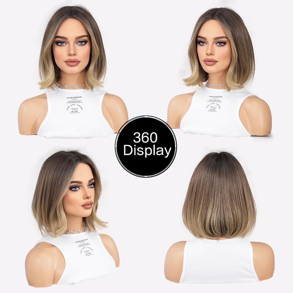 13x1 T-Part Lace Bob Perücke - Rooted Shadow Blonde Kurze Locken, Hitzebeständiges Kunsthaar mit natürlichem Look