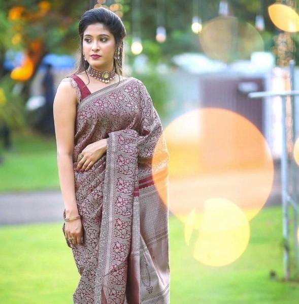 Krásné zlaté Jari s novým designem Soft Lichi Silk Saree