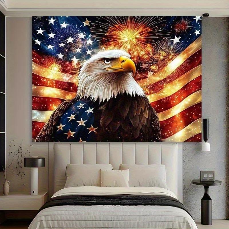 Tapisserie Águila Calva Patriotique Drapeau Américain Impression Plate 2D Peau de Pêche 250 Ans Liberté Accrochage Mural pour Salon Dortoir