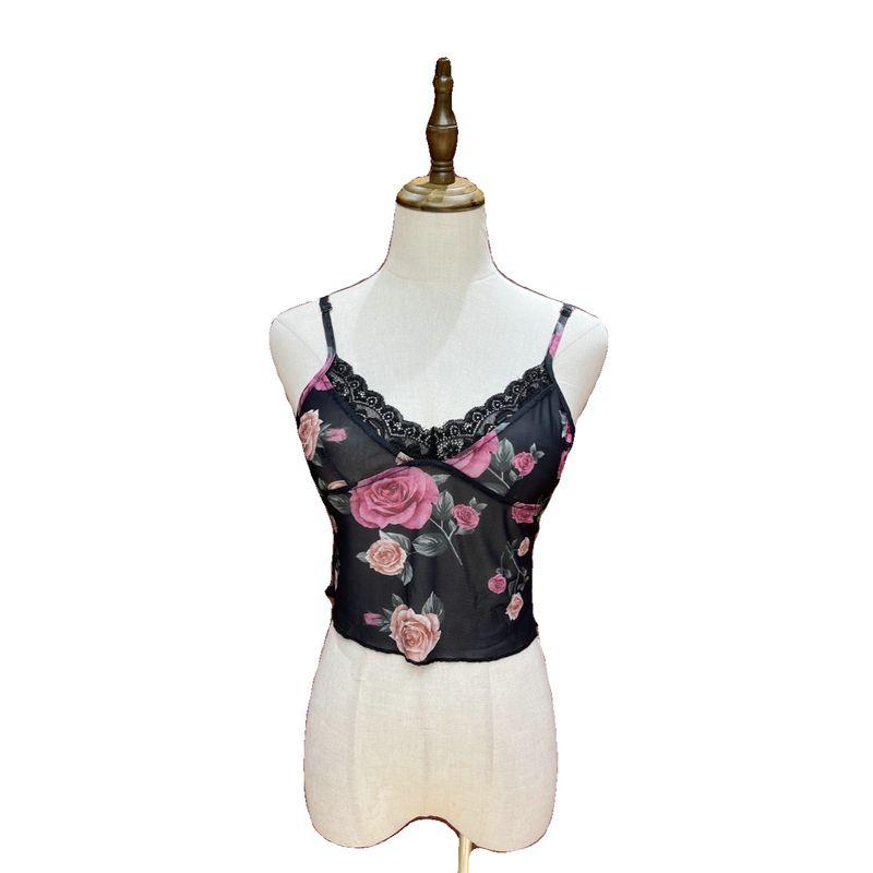 Sexy Lace V-neck Open Back Sling Tops Women's Summer Sexy Print Mesh Vest Inner Bottoming Top Tops
