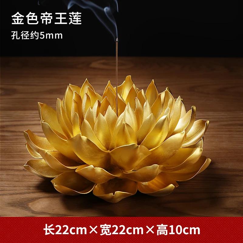 New Chinese Style Handmade Golden Emperor Lotus Figurine for Buddhist Decor with Zen Incense Burner Ceramic Miniatures