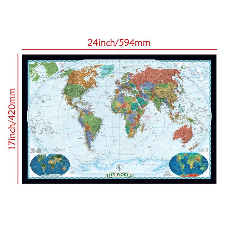 World Political Map Large Poster Prints Wall Hanging Art Vinyl and Non-woven Fabric Background Cloth Wall Decor