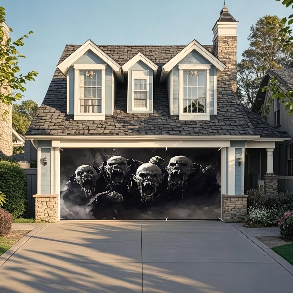 Spooky Halloween Garage Door Banner Durable Polyester Creepy Forest and Screaming Skull Design Perfect for Parties Outdoor Decor