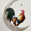 Home Decoration Wrought Iron Crafts - Outdoor Garden Courtyard Moon and Rooster Metal Ornaments | Pendant and Wall Hanging Decor