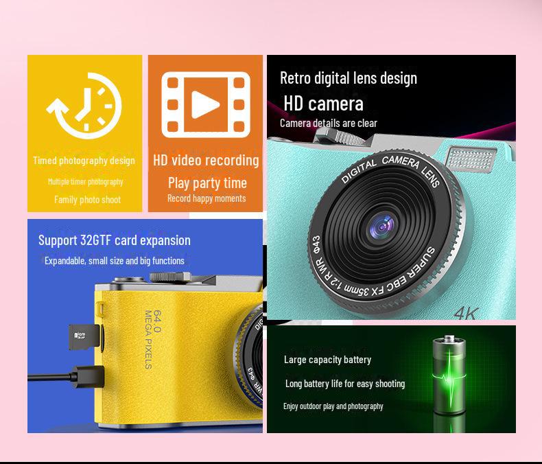 Retro Style 4K HD Dual Camera: Trendy Portable Digital Camera for Students
