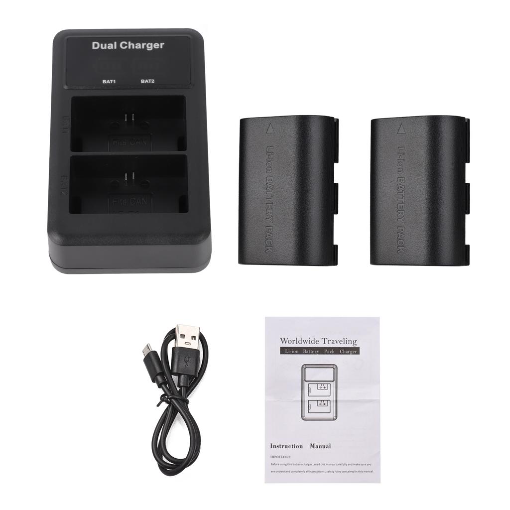 LP E6 E6N Battery and Charger Kit 2pcs 7.4V 2650mAh Battery with 1pc LED2 LPE6 Dual Channel Camera Battery Charger USB