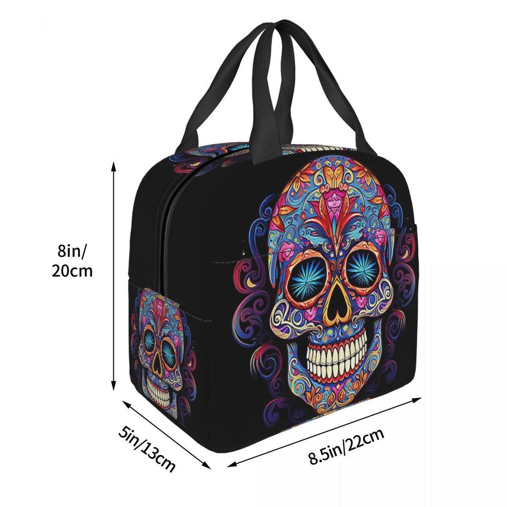 Mexican Sugar Skull Day Of The Dead Sugar Skull Insulated Lunch Bag for Women Kids Leakproof Food Boxes Thermal Lunch Box Tote