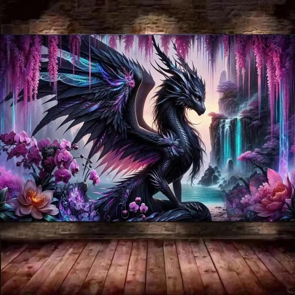 Purple Black Dragon Woman DIY Vibrant Colorful Orchid Flower 5D Full Diamond Painting Cross Stitch Kits Mosaic Embroidery