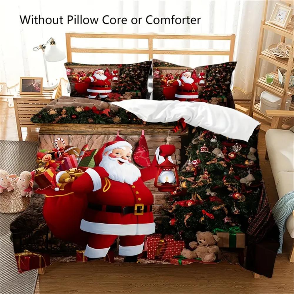 Merry Christmas Farmhouse Duvet Cover Set - Soft Microfiber Bedding with Santa Claus Xmas Tree Pattern for Bedroom