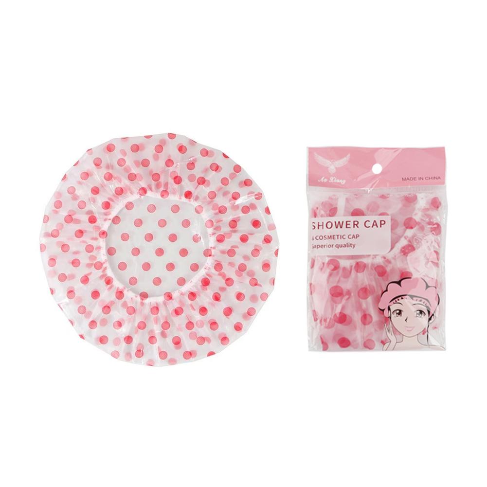 Pink Polka Dot Shower Cap PE Material Waterproof Soft Elastic Band Secure Fit Travel Friendly Lightweight Foldable Hair Protect