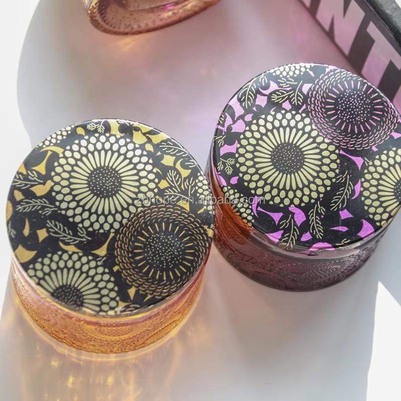 4oz Romantic Embossed Glass Candle Holder Jar Lid Handmade Empty Glass Container Home Office Christmas Decoration Printed