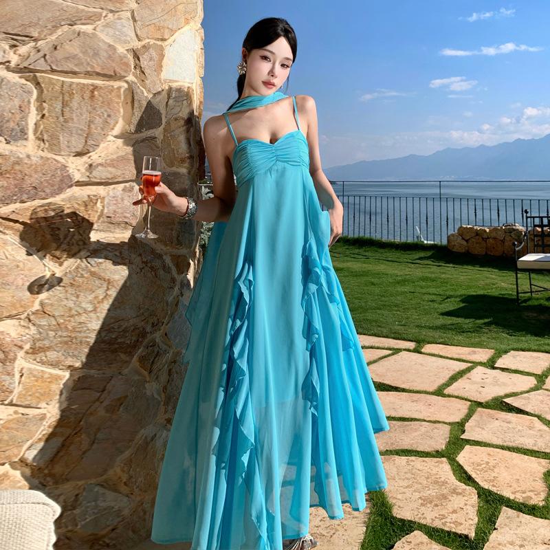 Muse Fan Seaside Vacation Dress Travel Photo Ruffle Edge Suspender Skirt Blue Streamer Backless Beach Dress