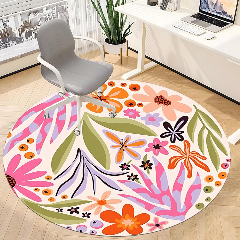 1 Stück Runder Teppich mit Blumenmuster für das Büro, Matte geeignet für Büro, Unter Bürostühlen Schlafzimmer Wohnzimmer Heimdekoration, Raumdeko