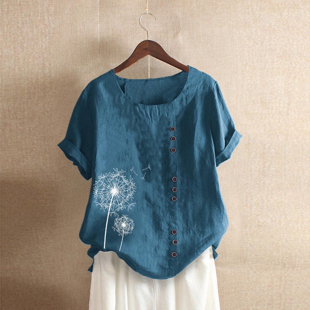 Womens Casual Loose Button Linen Plus Size Print Boho Tanic Shirt Blouse Tops M синий