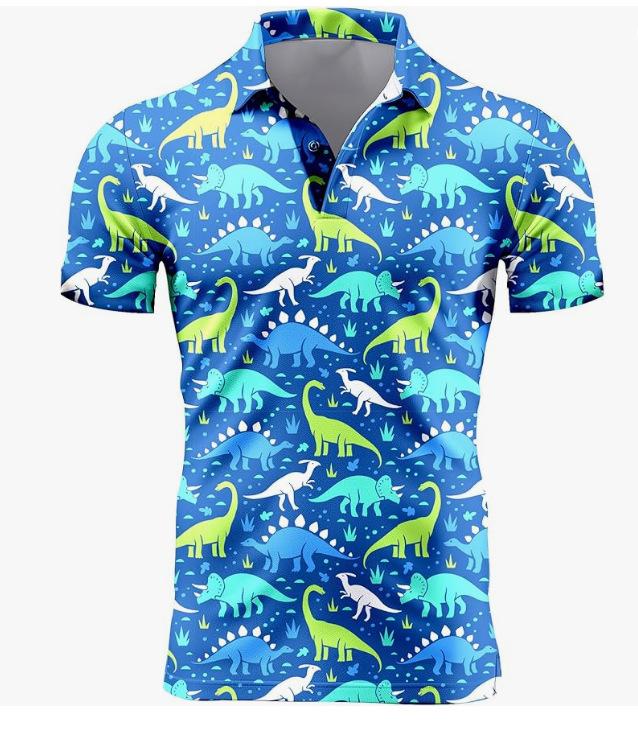 Fun Dinosaur Print Short Sleeve Polo, Casual Stylish Top