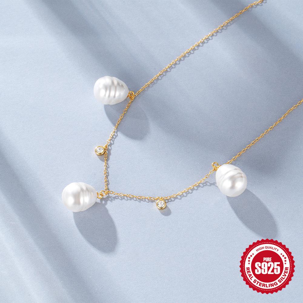 Daily Wear Large Pearl Luxury S925 Sterling Silver Irregular Pearl Pendant Necklace Collarbone Chain