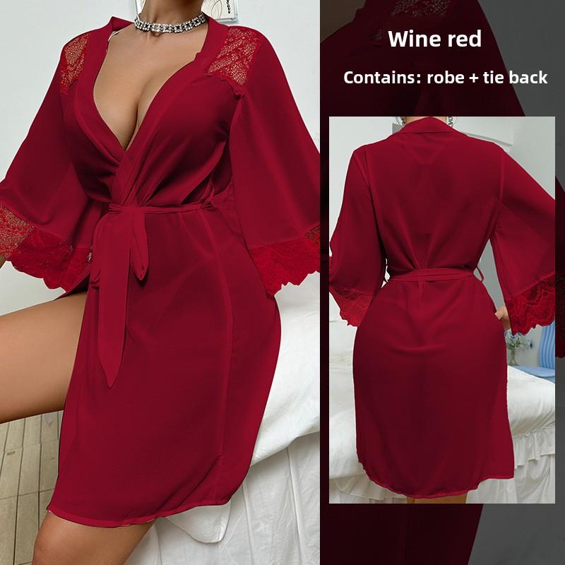 Sexy Pajamas Chiffon Lace Stitching Perspective Nightgown Seduction Women's Cardigan Robe