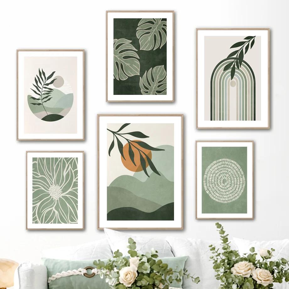 Nordic Abstract Boho Monstera Rainbow Leaf Sun Wall Art Posters and Prints Wall Pictures for Living Room Decor Canvas Painting