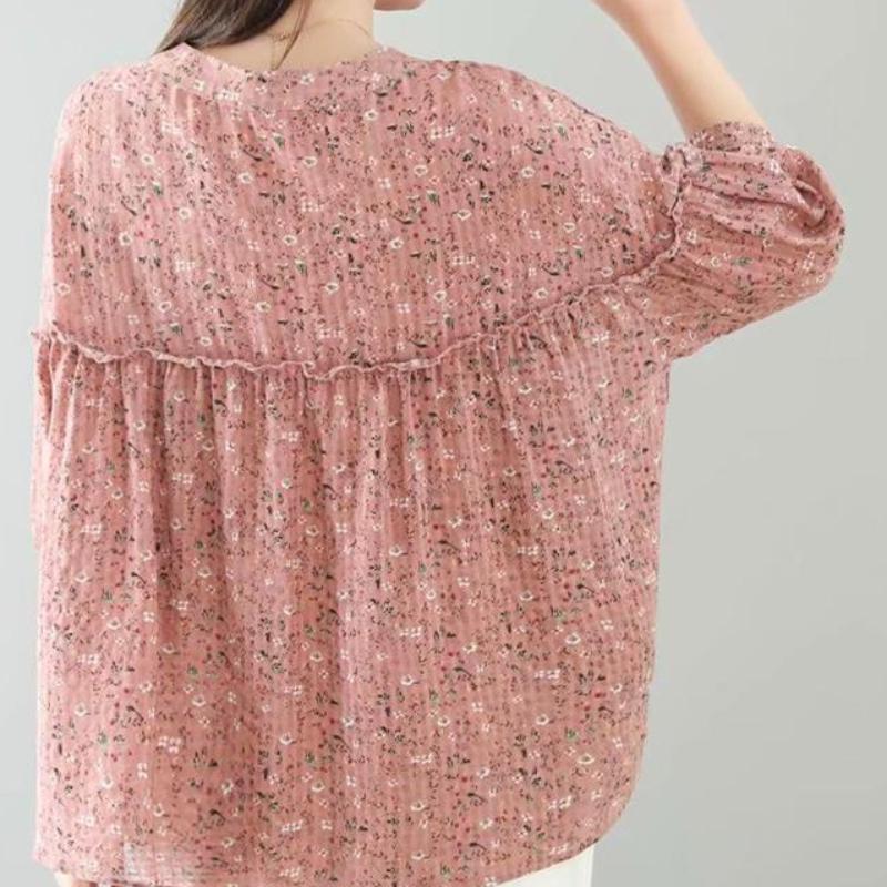 Spring/Summer Floral Shirt Women's Seven Sleeve Large Casual Loose Women's Stand Collar Top Women's Shirt