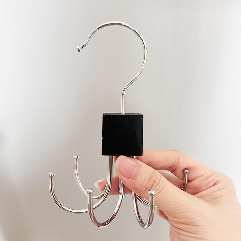 Stainless Steel & Wood Wardrobe Hanger with 6 Multifunctional Hooks