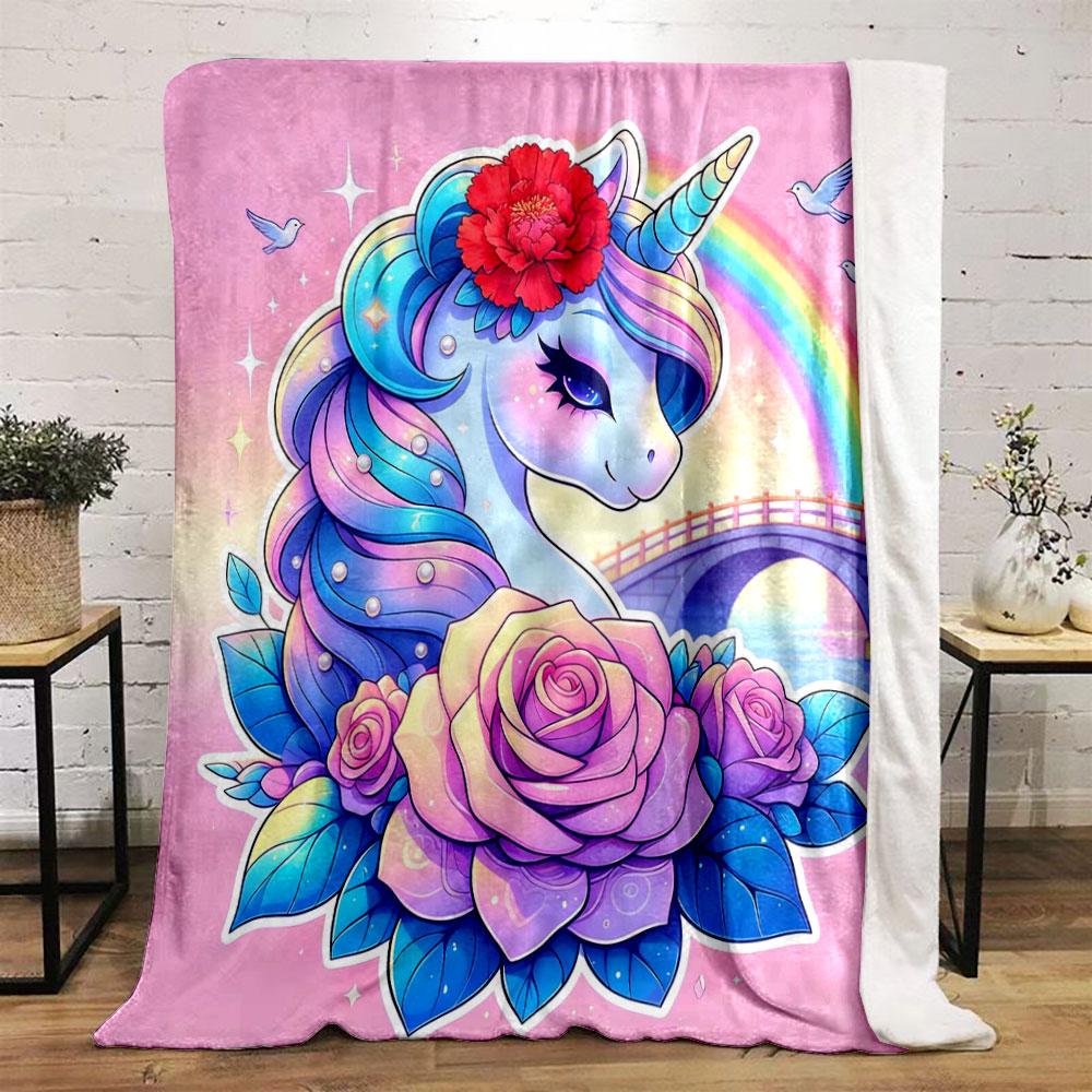1PC Unicorn Flower Pink Background Print Warm Comfortable Blanket Home Travel Camping for Adults and Kids Luxury Gifts