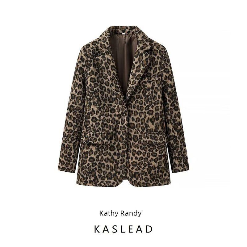 Kaslead New Arrival Women's Fashion Style Stylish Simple and Versatile Single-Breasted Long Sleeve Leopard Print Suit Outwear