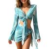 Women's Four Piece Swimsuit Set Long Sleeve Cover Up Tie Front Top Bikini Bottom High Waist Skirted Swimwear Beachwear