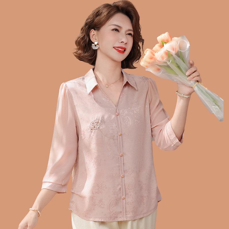 

Mid-Aged & Elderly Women s Elegant Jacquard Lapel Shirt - Stylish Summer Seven-Sleeve Top for Mother s Wear 3XL (Reference 120-135 jin)