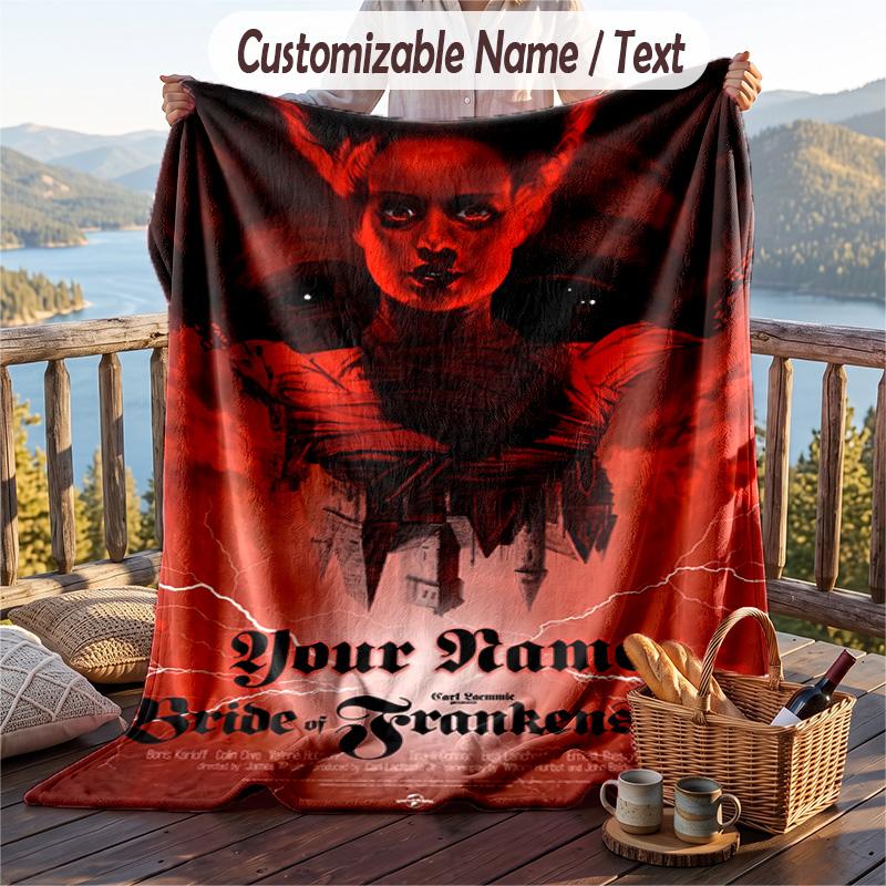 Custom Text Flannel Throw Blanket, Lightweight Cozy Bed Sofa BlanketBride of Frankenstein