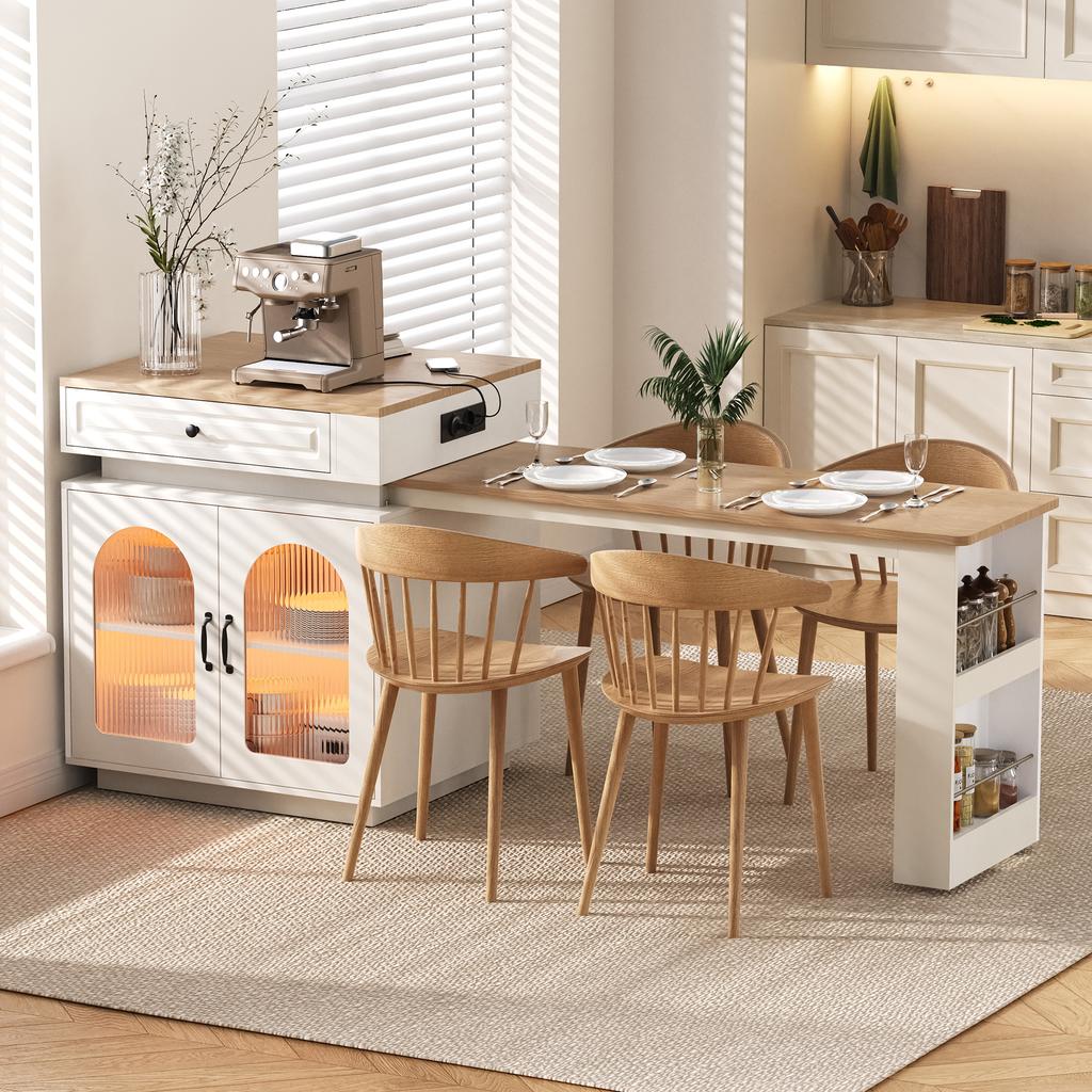 Isola da cucina con rotelle, tavolo da pranzo estensibile, tavolo da bar con prese elettriche, funge da credenza o madia per cucina e sala da pranzo (bianca)