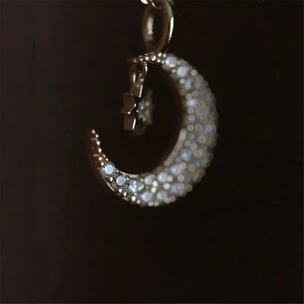Cute Female Crystal White Zircon Stone Moon Star Pendant Necklace Vintage Gold Color Wedding Jewelry For Women