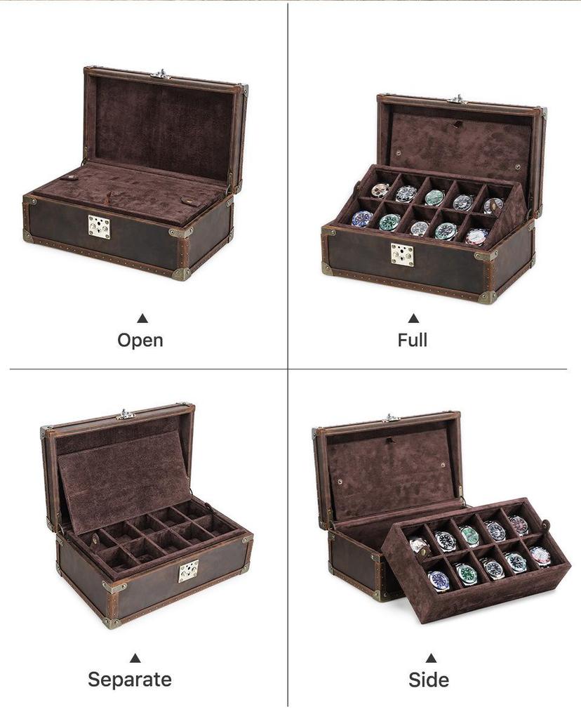 Handmade Retro Crazy Horse Leather Watch Display & Collection Box - Ten-Slot Drop-Proof Design