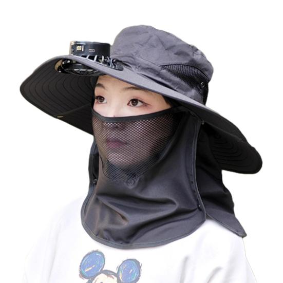 Solar-Ventilator-Hut mit Gesichtsschutz, Nackenklappe, LSF 50+, UV-Schutz, Hut mit Solar-Ventilator, wiederaufladbar über USB, atmungsaktiv, für Herren, Sommer, Outdoor, Angeln, breite Krempe