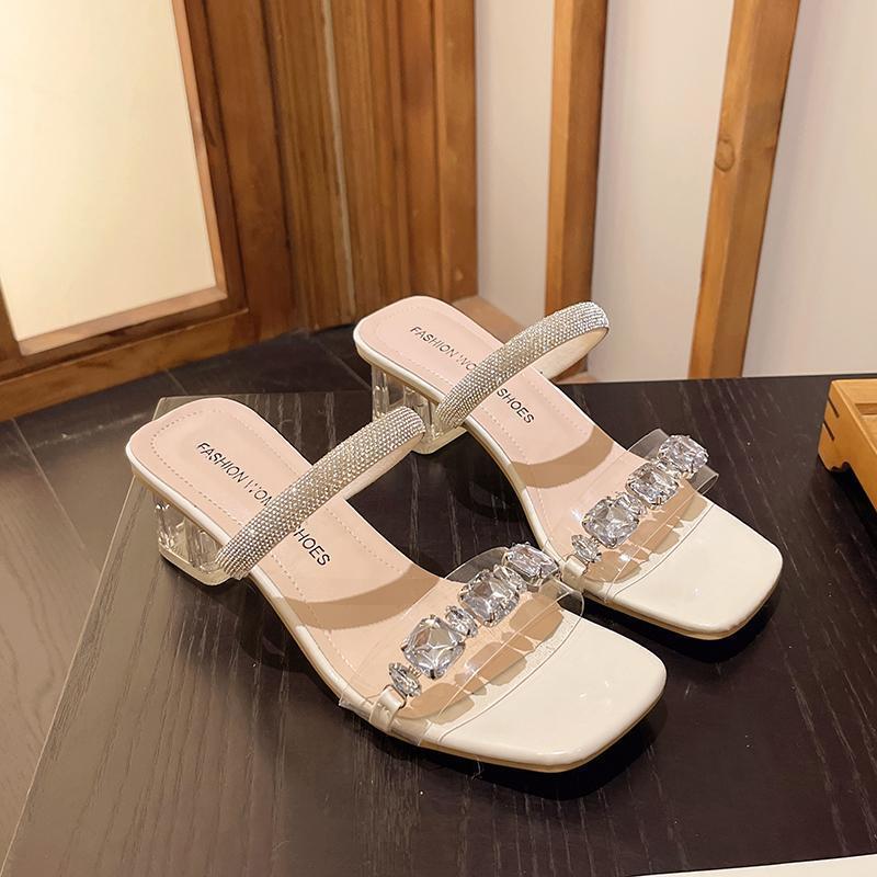 French Square Head Crystal Thick Heel Cool Slippers Women's Outer Wear Spring and Summer 2025 New Large Size High Heel Rhinestone One-word Drag