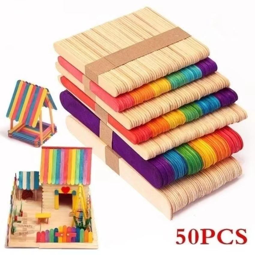 50 Stück/Lot Farbige Holzstäbchen Naturholz Eisstiele Kinder DIY Werkzeug Holzdekoration Placa Madera Bastelarbeiten