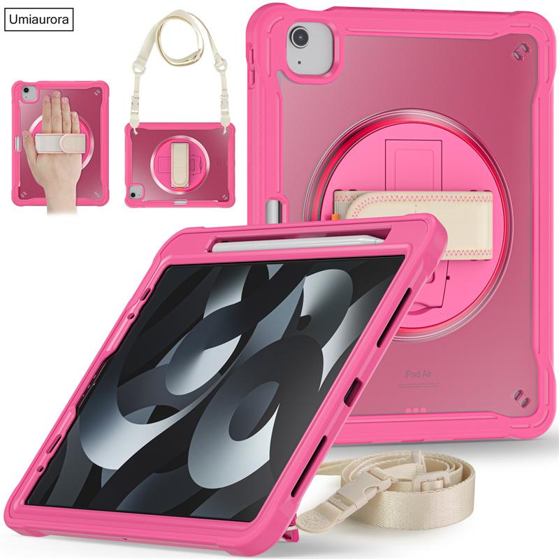 For IPad Air 4 5 10.9 Mini 6 Pro 11 12.9 13 Inch M2 M4 2022 2024 Tablet Case Rotating Hand Strap Stand Shockproof PC Armor Cover
