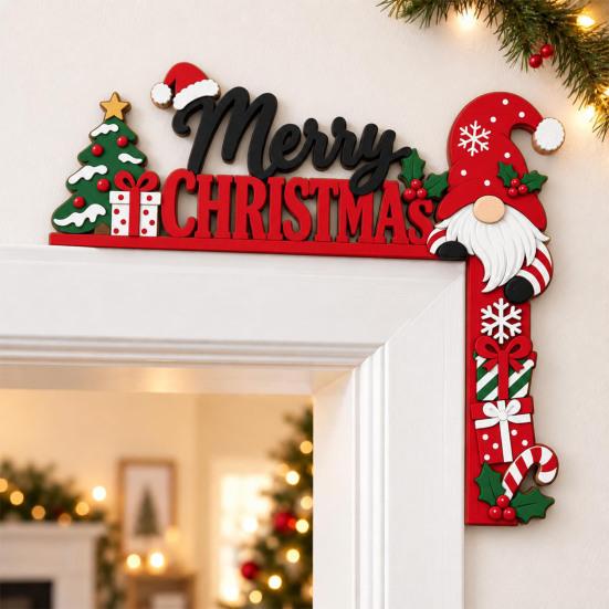 Gnome Door Frame Decoration Christmas Wooden Corner Decor, Festive Gnome/Gingerbread House/Letter Sign, No Holiday Ornament Drill Topper for