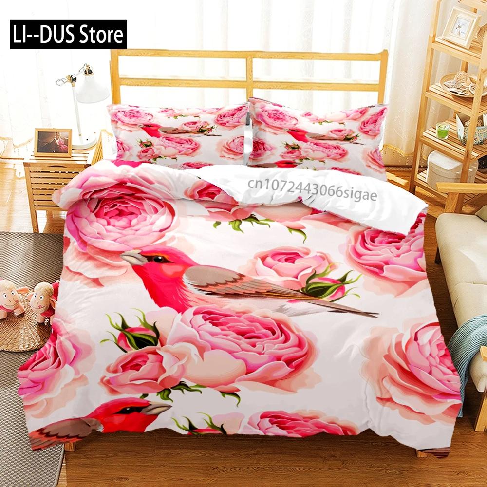 Rose Flower Butterfly Art Print Three Piece Bedding Set Fashion Children or Adults for Beds Quilt Covers Pillowcases Bedding Set