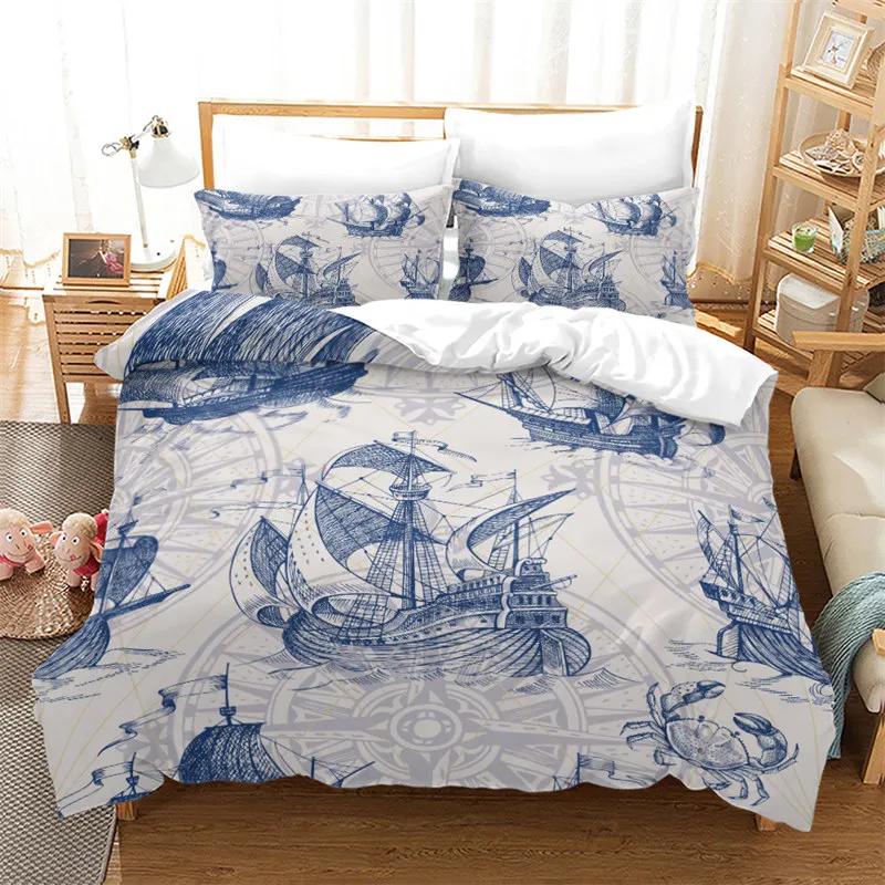 3Pcs Single-Sided Printed Bedding Set ,Comforter Pirate Sailboat Duvet Cover Ocean Bedding Cover Pillows Comfortable Bedspreads