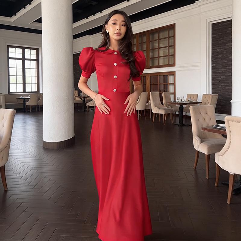 European & American Women's Fashion: Solid Color Round Neck Short Sleeve Buttoned Bodycon Dress (Style 2026)