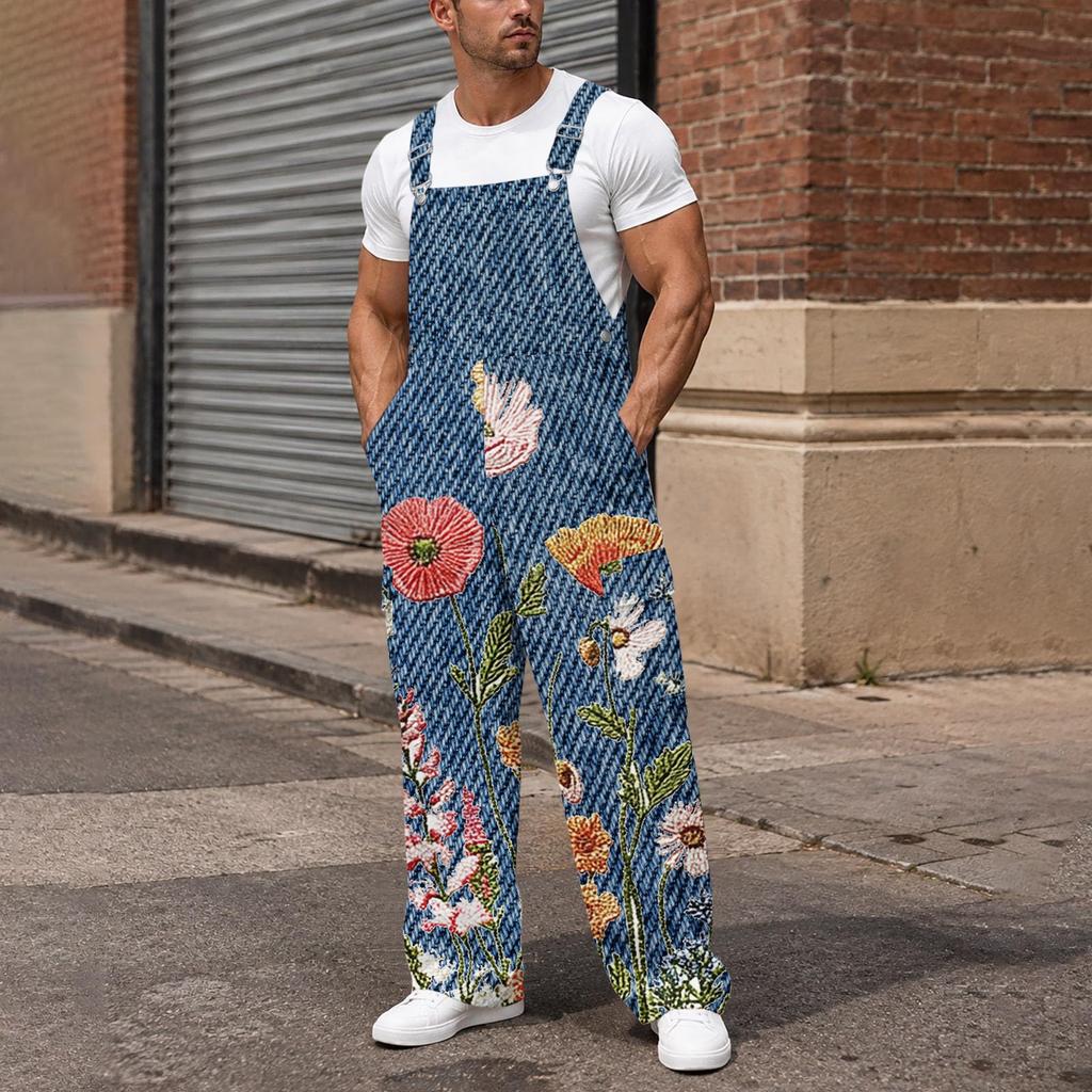 Men's Loose Fit Cargo Overalls Wide Leg Jumpsuit with Multi-Pocket Utility Pockets