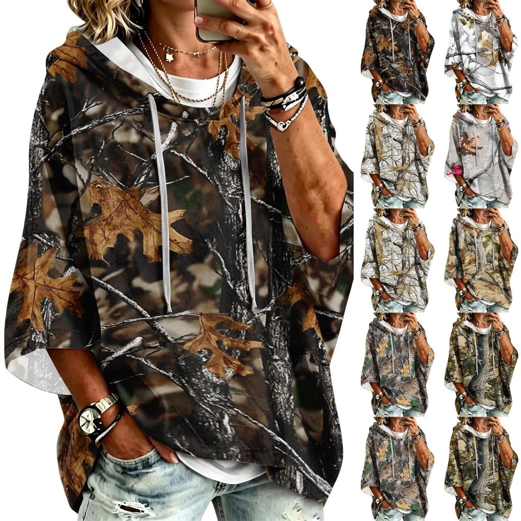 Women's Fashion Three-Quarter Sleeve Leaf Print Hooded Pullover Top