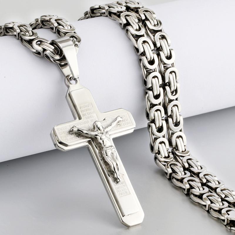 Collana con ciondolo a croce in acciaio inossidabile per uomo religioso, pesante collane a catena bizantina, gioielli sacri di Gesù Cristo