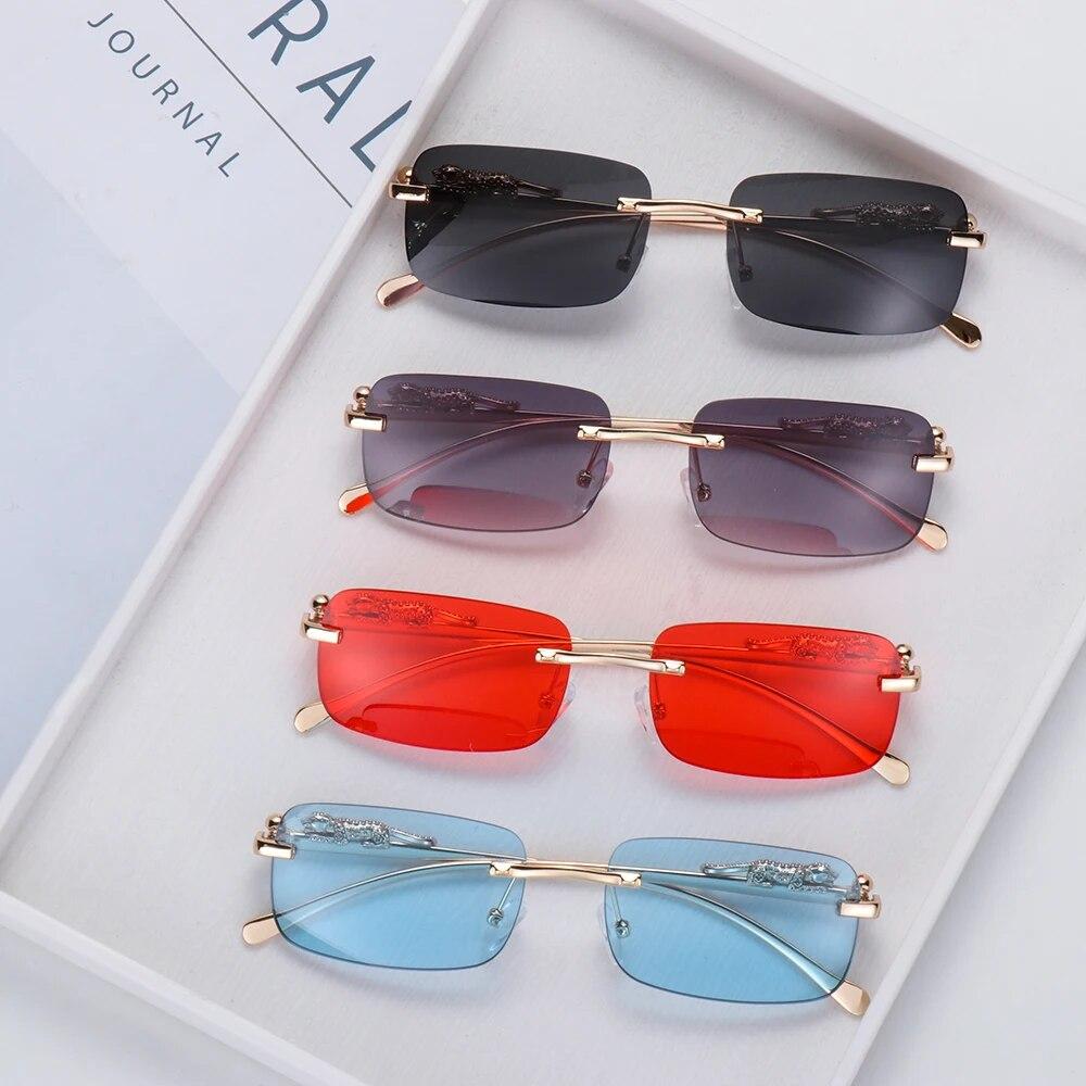 Rimless Rectangle Sunglasses Retro Clear Ocean Lens Sun Glasses Cheetah Decoration Shades UV400 Eyewear for Women Men