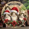 Welcome Christmas Kittens Round Wooden Hanging Sign, 2D Flat Printed Wall Door Ornament, Xmas Home Holiday Decor Gift