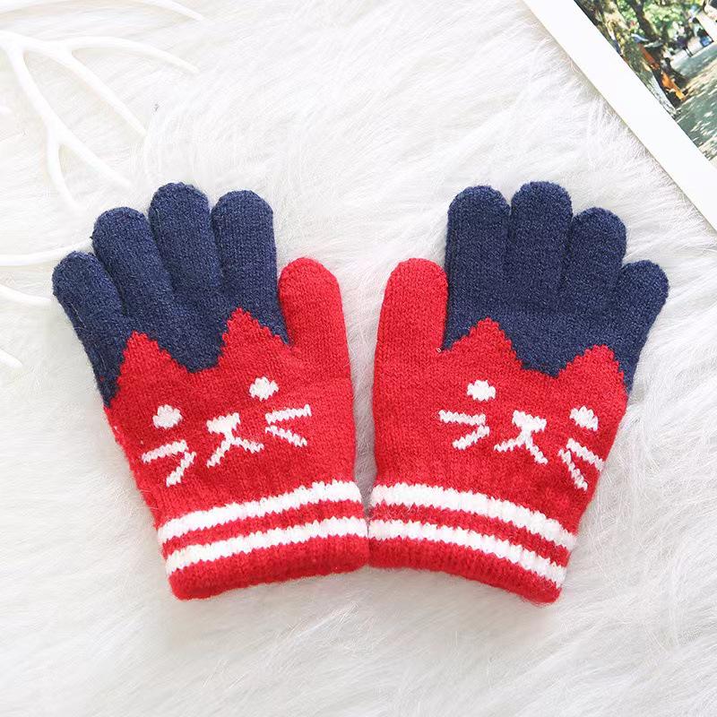 Kids' Winter Fleece-lined Cold-proof Gloves for Elementary Students – Boys' and Girls' Kitten Jacquard Design