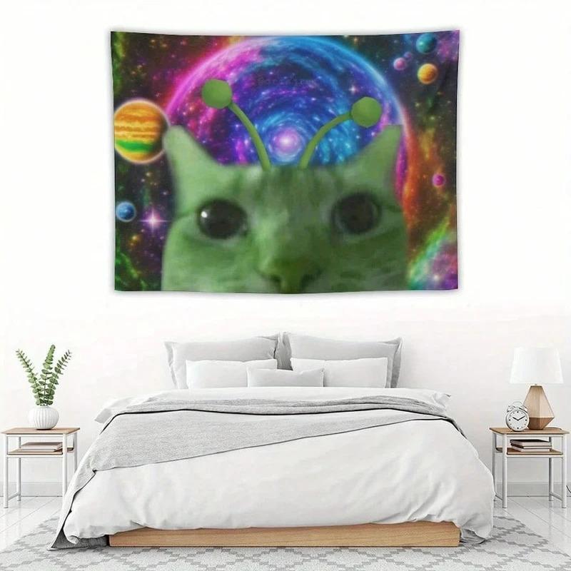 VIKAMA Trendy Alien Cat Tapestry EasyCare Wall Hanging For Gaming Rooms Personalised Decorative Wall Tapestry